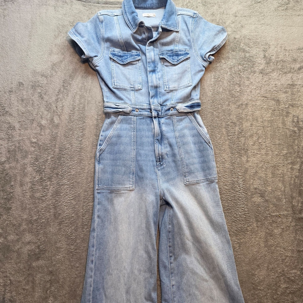 Good American Denim Jumpsuit Womens 2 Blue Collared Short Sleeve Wide Leg